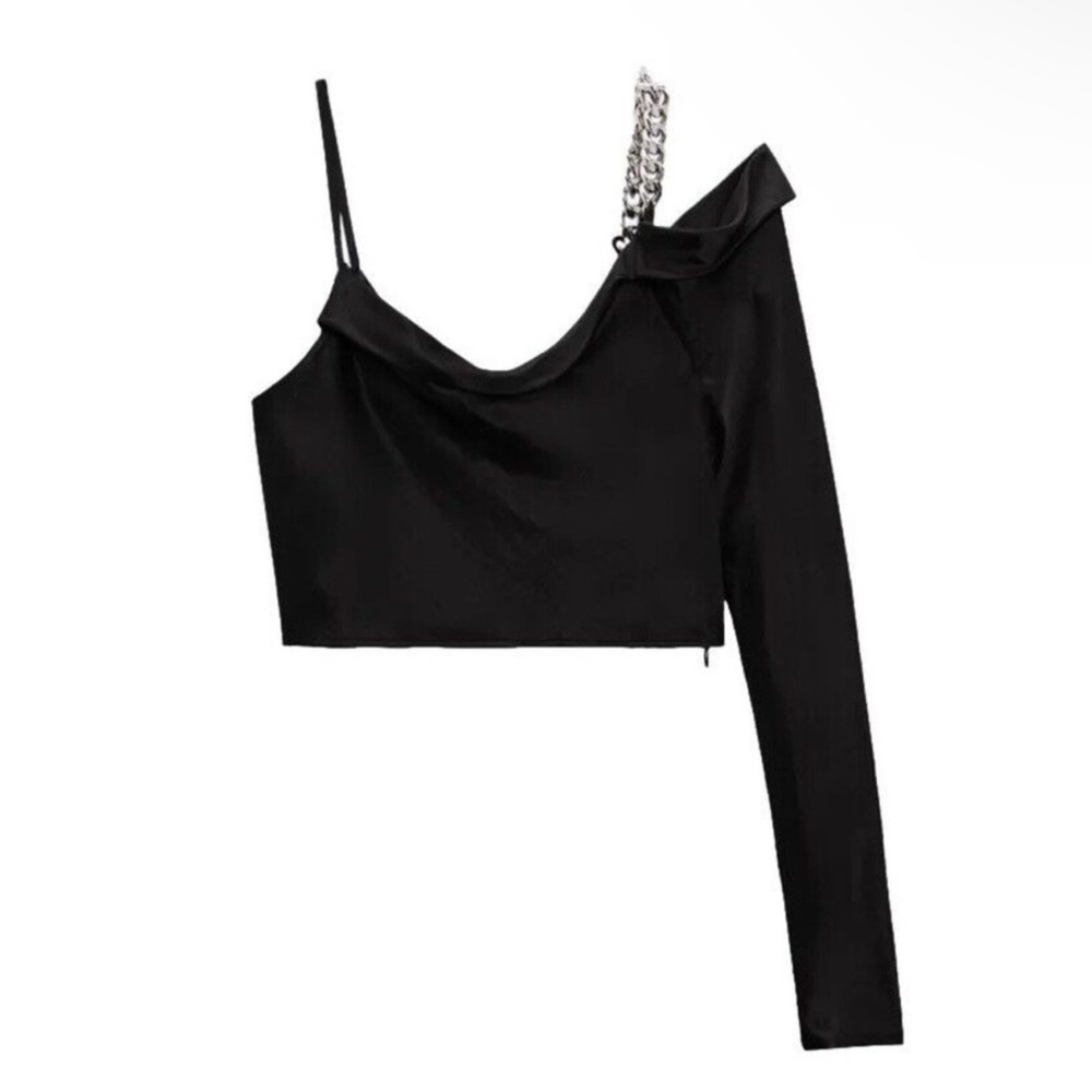 ZARA Satin Effect Asymmetrical Silver Chain Off Shoulder Crop Top Size XS